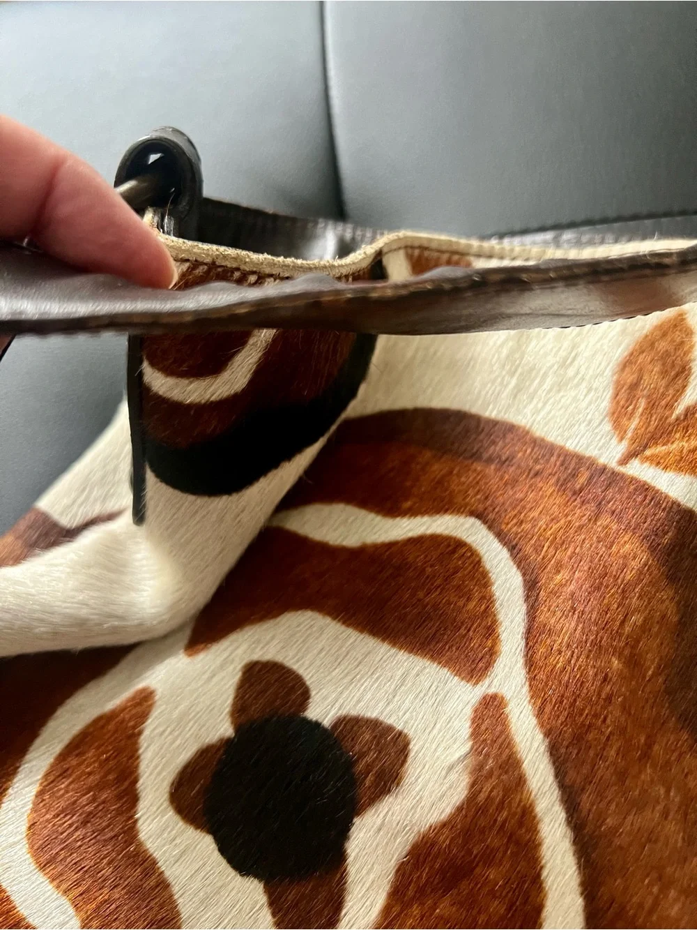 Maurizio Taiuti Cow Hide Cream Tote with Brown and Black Floral Print